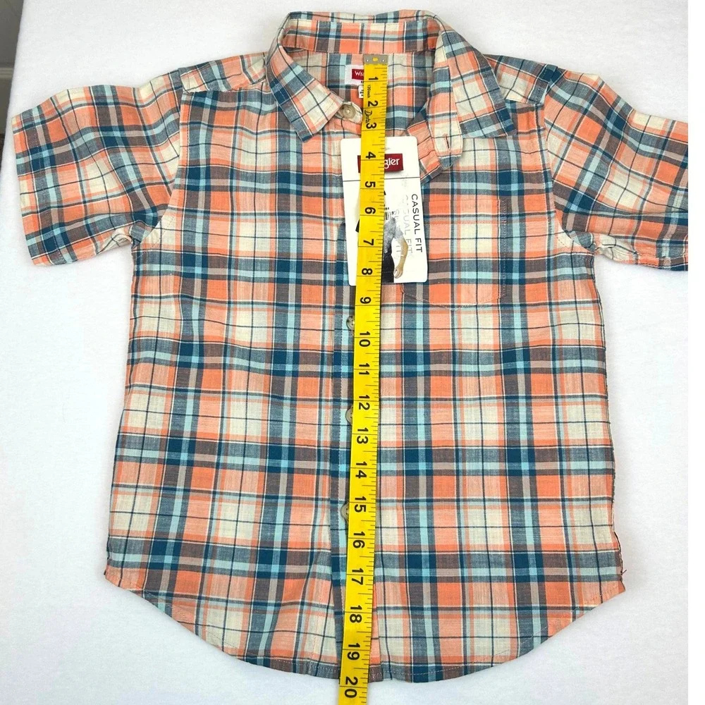 NWT Wrangler Boys Plaid Button Down Shirt Orange Blue Short Sleeve‎ Size 6